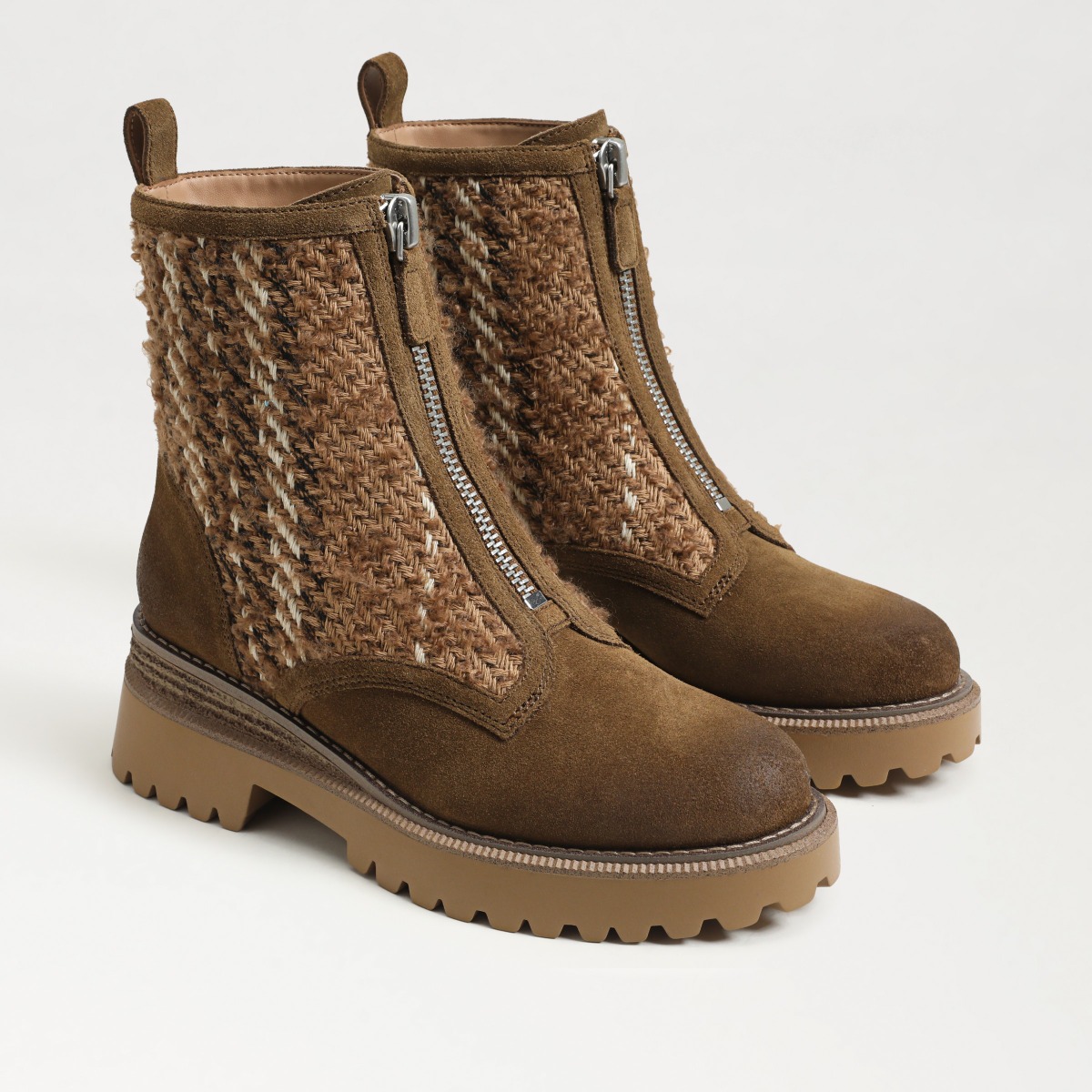 Sam Edelman Grove Zip Front Boot in Rugged Khaki Weave Beige Suede