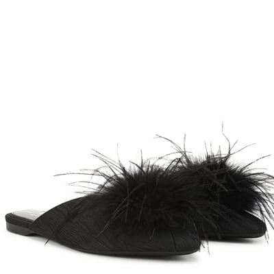 Sam Edelman Khai Feather Mule in Black Satin Fabric