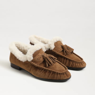 Sam Edelman Lana Fur Tassel Loafer in Warm Nutmeg Brown Suede